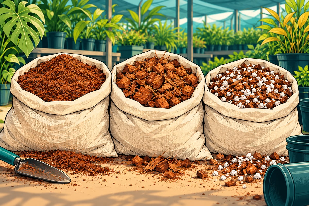 Comic illustration of sacks containing fine coir, coarse coir and a coir-perlite blend.