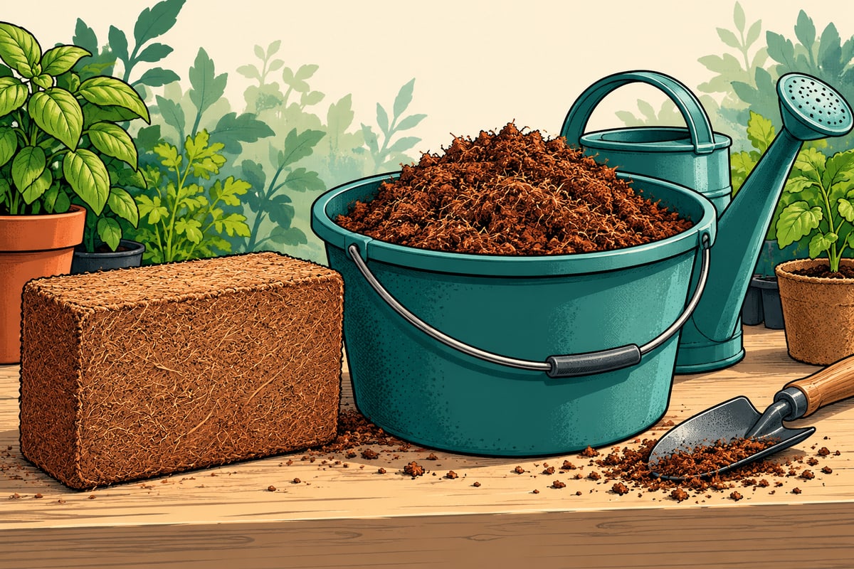 Comic illustration of a compressed cocopeat block beside hydrated coir and a watering can.
