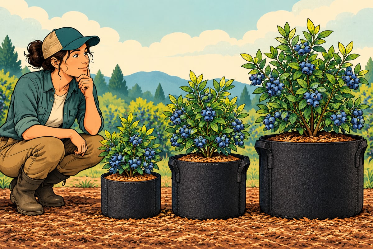 Comic illustration of a grower comparing blueberry bushes in three sizes of fabric grow bags.
