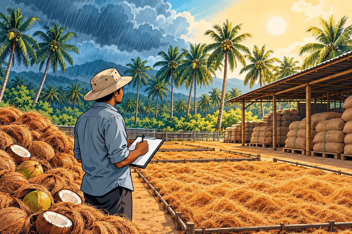 Conceptual comic illustration of changing weather over a coconut grove and a worker inspecting a coir drying yard.
