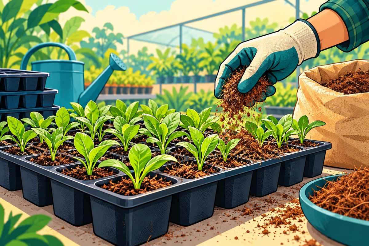Comic illustration of a gardener adding cocopeat to healthy seedlings in a plug tray.