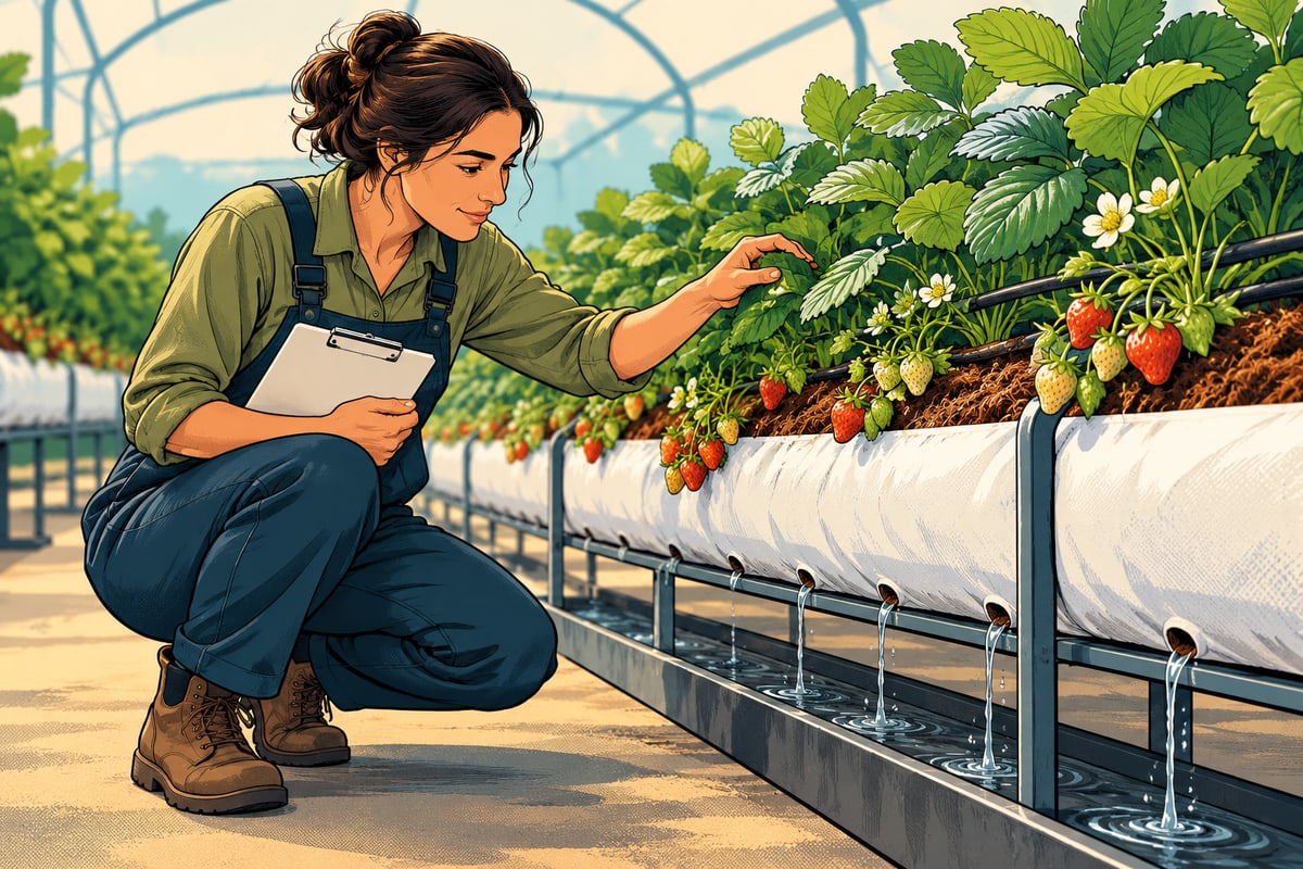 Comic illustration of a grower inspecting crop roots and drainage from a white growbag.