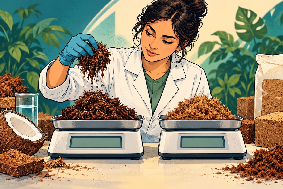 Comic illustration of a technician comparing wet and dry coir samples on two scales.