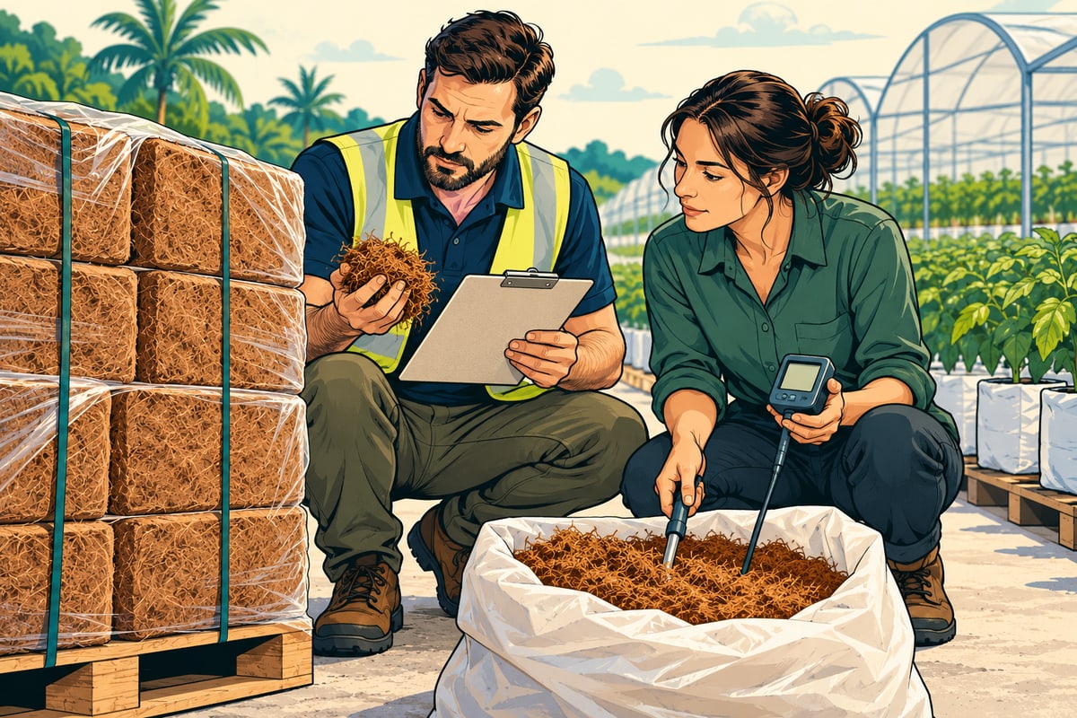 Comic illustration of a supplier and grower inspecting coir samples beside a pallet.