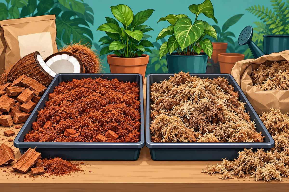 Comic illustration comparing trays of cocopeat and fibrous sphagnum growing media.