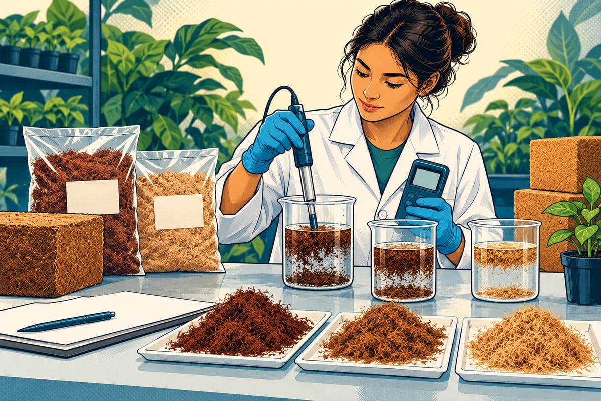 Comic illustration of a technician testing coir samples with a conductivity meter and rinse vessels.