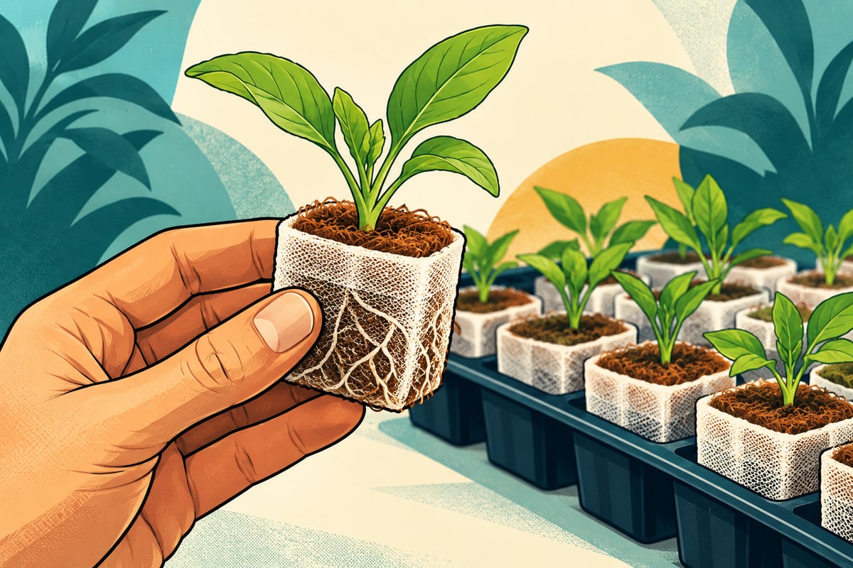 Comic illustration of a hand holding a rooted seedling in a nonwoven coir propagation cube.