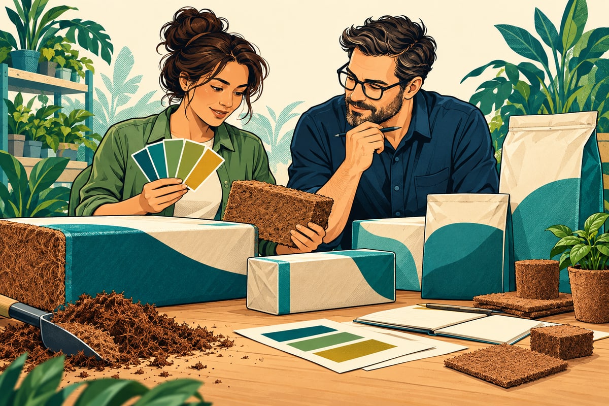 Comic illustration of a buyer and designer reviewing unbranded coir packaging and colour swatches.