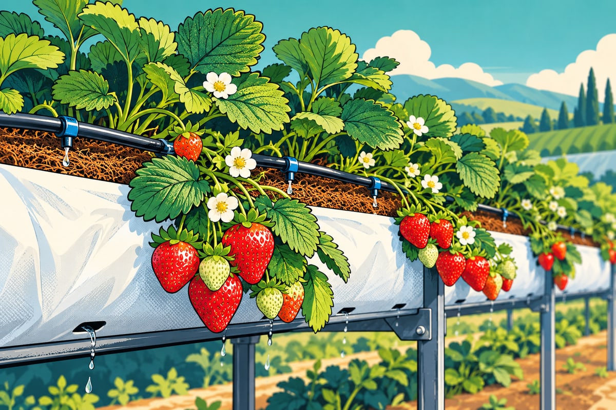 Comic illustration of fruiting strawberries in a raised growbag with drip irrigation and drainage.