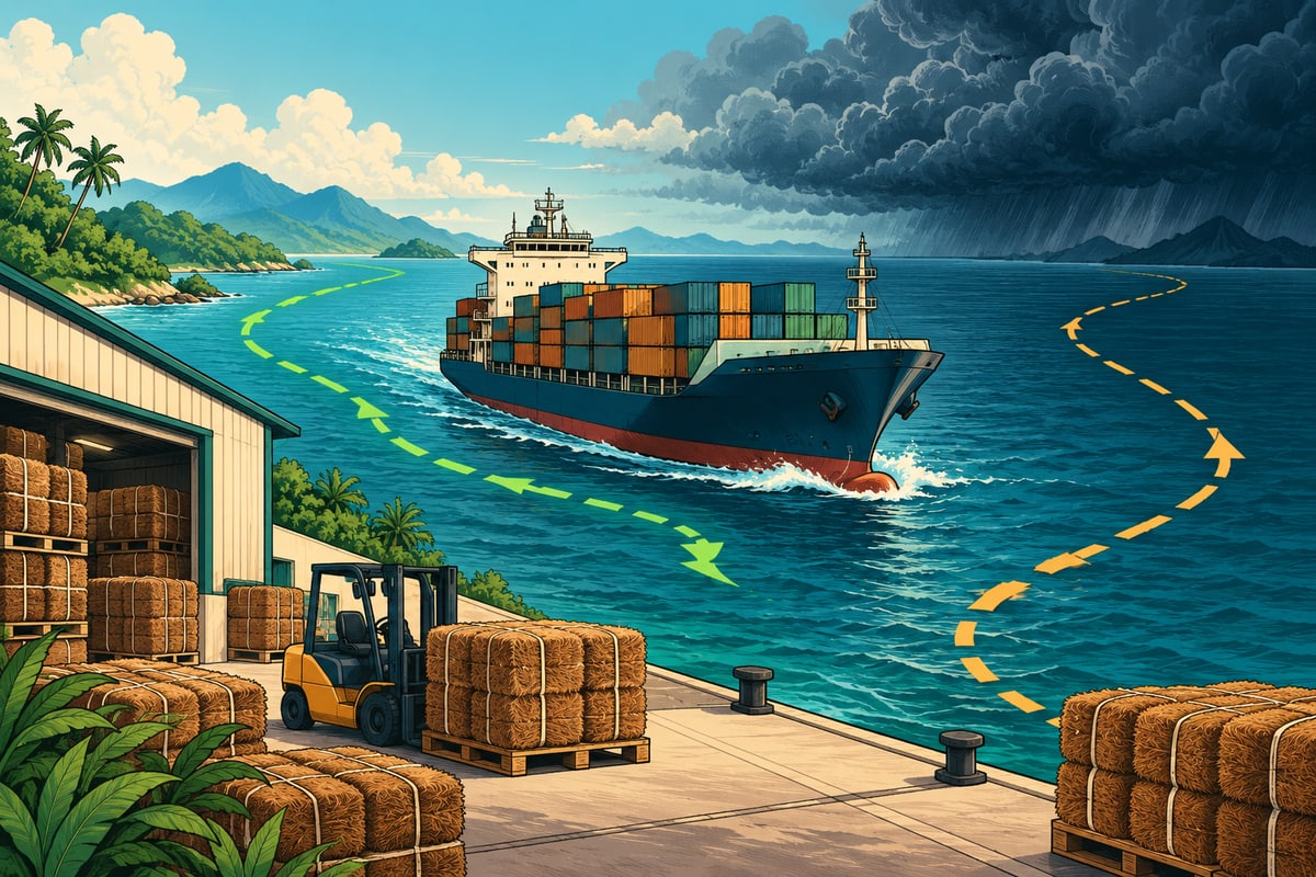 Conceptual comic illustration of a container ship, alternative routes and distant storm clouds near coir pallets.