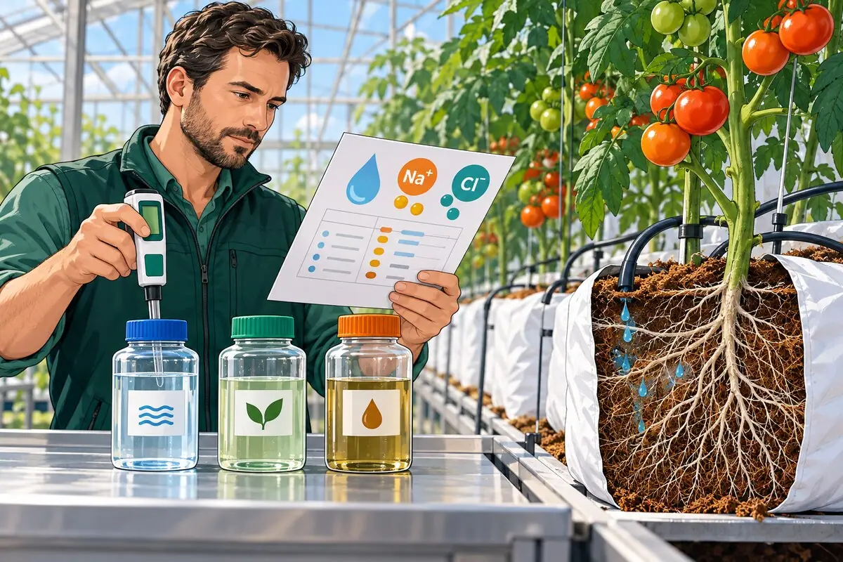 Editorial illustration of a greenhouse grower comparing sodium and chloride on a water report with an EC meter, sample bottles and a tomato plant rooted in a coir growbag.