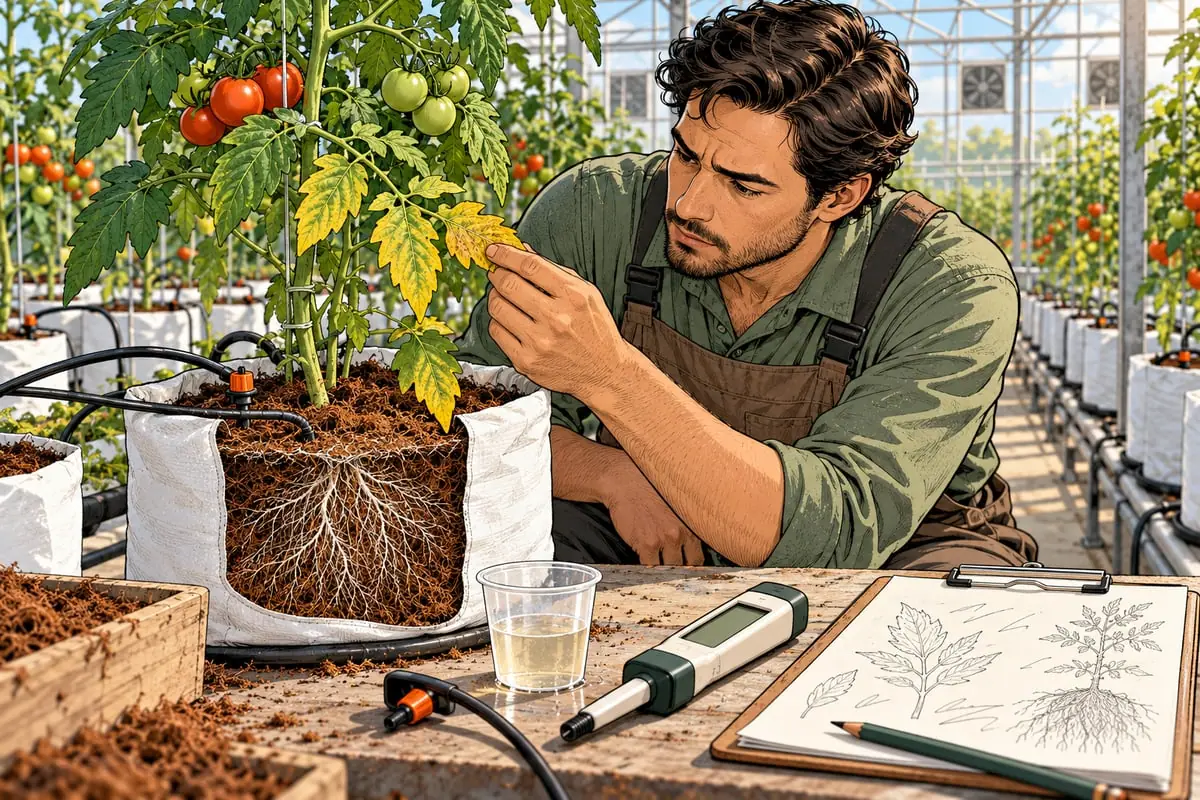 Editorial comic of a greenhouse grower examining yellow tomato leaves, a coir root-zone cutaway, an irrigation dripper and pH and EC testing equipment.